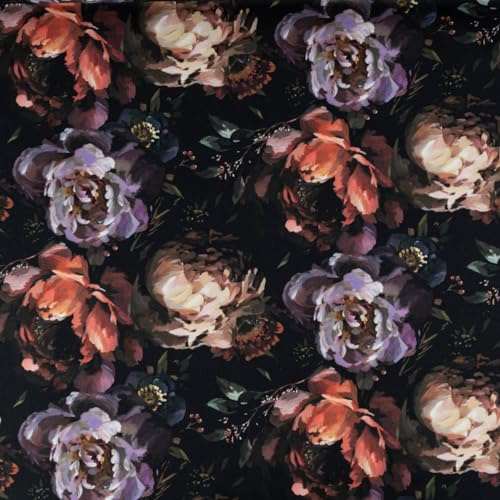 SCHÖNER LEBEN. Dekostoff BW Digital Peony Handpainted Art Pfingstrosen schwarz 1,40m