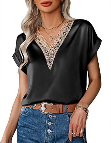 Zeagoo Blusa Mujer Verano Elegantes Satin Camisa Encaje Cuello en V Camiseta Manga Corta Casual Blusas Sueltas Top Negro XXL