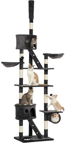 PawHut Floor to Ceiling Cat Tree, 240-260cm Adjustable Height, Dark Grey | Kitten Tower, Scratching Posts, Cat Houses, Ramps, Hammocks, Toy Balls, Tunnel, for Indoor Use