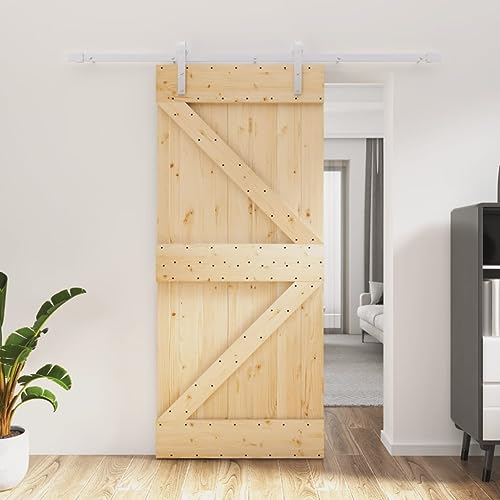 Baziroo Schiebetür mit Beschlag Weiß 90x3,6x210 cm Massives Kiefernholz und Stahl Schibetür Wohnzimmertuer Zimmertür Holz Scheunentor Holztuer Innentüren Wooden Door Schwebetür Sliding Door