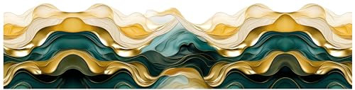 wandmotiv24 Fototapete panorama Abstrakte Wellen, selbstklebende Strukturtapete 260g - Klein (200x50cm) Abstrakt, Wellen, Gold, Layer, Grün, Teal M0122
