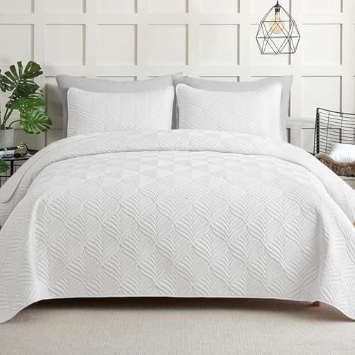 Whale Flotilla Colcha Moderna de 260 x 280 cm, Colcha con 2 Fundas de Almohada, Edredón de Microfibra con Estampado en Relieve, Ropa de Cama Ligera y Suave para 4 Estaciones, Blanco