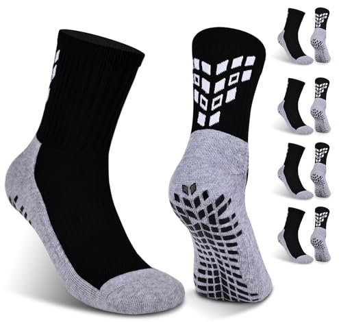 Gogogoal rutschfeste Fußballsocken Herren Damen Jugendliche gepolsterte atmungsaktive Anti-Rutsch Grip Crew Sportsocken Rugby Basketball Sneaker Socken 37-42 Schwarz+Grau M 4 Paar