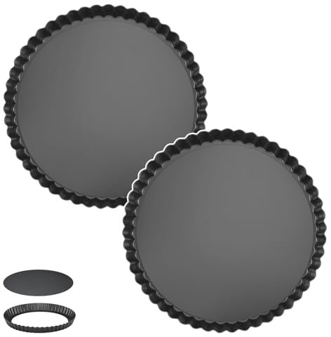 FORBAKE 11 Round Tart Pan 2 Pack, Non-Stick Quiche Pan with Loose Bottom, Fluted Edges on Your Tarts & Quiches, Heavy Duty Carbon Steel Pie Pans, Black - Bake Like a Pro