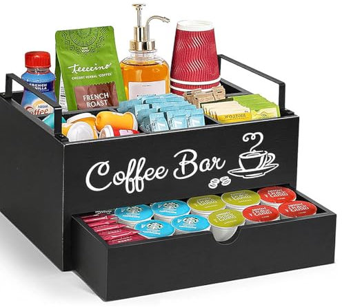 Coffee Station Organizer, Wooden Coffee Bar Accessories Organizer with Drawer Farmhouse Coffee Pods Holder Storage Box with Handle Coffee Bar Organizer Countertop for Home Office. (2 Tier)