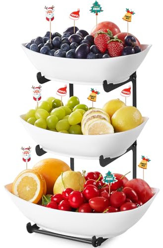 Lifewit Fruta para el Bandejas 3 Pisos de Plástico para Servir Comida, Bandeja de Servicio para Alimentos para el Entretenimiento de Fiesta, Platos Reutilizables Soporte de 3 Niveles con Metal Negro