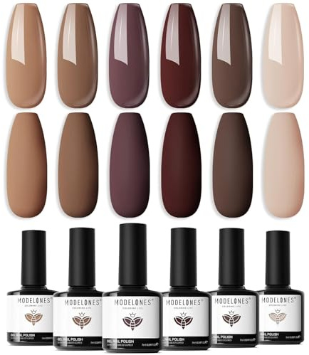 Modelones Gel Nail Polish Set, 6 Colors Skin Tone Nude Gel Polish Brown Beige Khaki Nail Polish Neutral All Skin Tones Nail Varnish Kit Soak Off Nail Art Manicure DIY Salon for Women