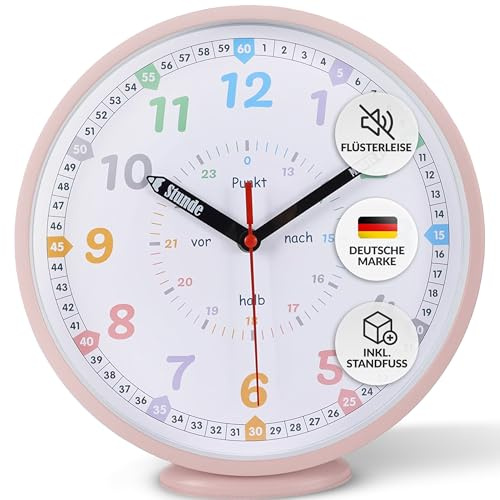 LATENO - Wanduhr Kinder Rosa - zum Aufstellen oder Aufhängen - 25 cm - Analoge Kinderwanduhr für Jungen & Mädchen - Lernuhr Kinder ohne Tickgeräusche - Wanduhr Kinderzimmer lautlos - Uhr Kinderzimmer