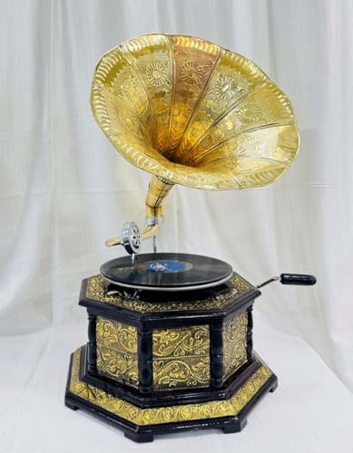 Réplique de gramophone vintage avec base en bois sculptée florale, haut-parleur en corne dorée (design doré avec 8 cônes (37 x 37 x 35 cm)
