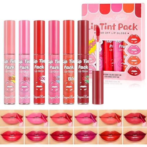Prreal 6 Colors Peel Off Lip Stain Set, Waterproof Tattoo Peel Off Lip Tint, Non-sticky Lip Liner Stain Long-lasting, Matte Finish Lip Stain Tint Lip Gloss Makeup Set