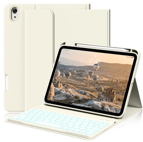 SZPCGC Hülle mit Tastatur für iPad A16 11/10 Generation 2025/2022, Creme | 7 Farben Beleuchtete, Abnehmbare Tastatur, Mit Stifthalter, Soft TPU Rückseite Gehäuse, QWERTZ Layout