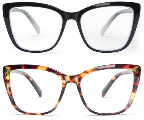 KoKoBin 2 Pack Oversize Occhiali da lettura da donna Moda Anti luce blu Occhiali per computer (2 Pack（Nero, leopardo marrone）, 2.5, Diottria)