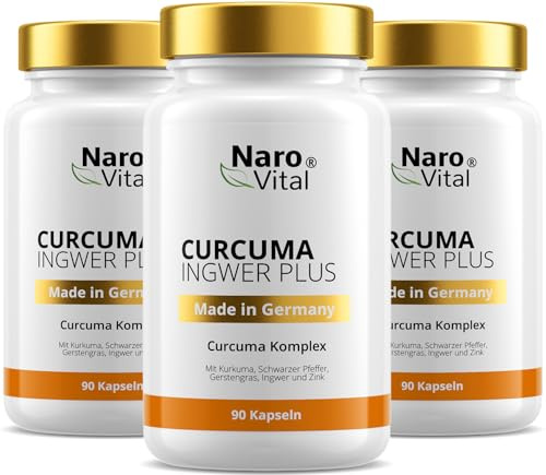 NaroVital Curcuma Ingwer Plus - 3x 90 vegane Kapseln hochdosiert | Kurkuma Kapseln mit Curcumin, Schwarzem Pfeffer (Piperin) & Gerstengras - Curcuma Extrakt - Vorrat für 3 Monate