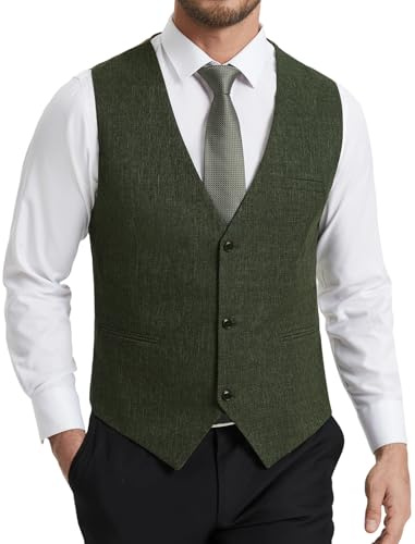 HISDERN Chaleco Hombre Traje Elegante Formal Clásico Color Liso Ajustable Chalecos de Vestir Hombre Verde con 3 Botones Bolsillo para Boda Ceremonias Fiesta Negocio Eventos Regular Fit XXL