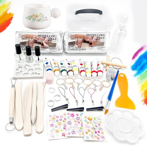 NlsqEU 1KG Töpferset für Zuhause,Töpferset für Kinder,Ton zum Töpfern Lufttrocknend mit Werkzeugen Pinsel 6 Farben und Glanzlack und Acrylfarbe Perfekt für Kreative Geschenk