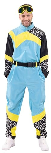 PartyXPeople Skioverall 2tlg. blau-gelb | Unisex Karnevals-Kostüm | Retro Fun Verkleidung | 80er Schneeanzug witzig| inkl. Ski-Brille | blau-gelb – 14934 Gr. S bis XL