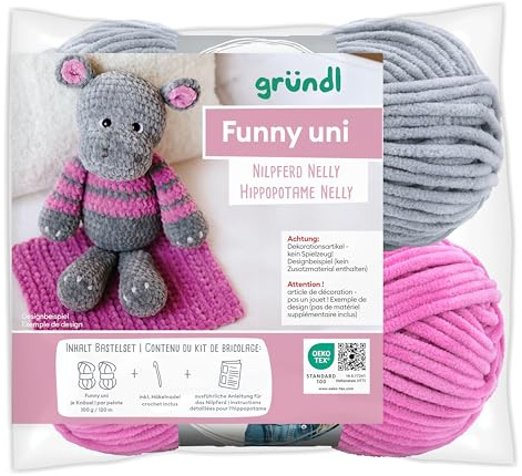 Gründl Funny uni Häkeltier häkeln, Set mit 2 x 100 g Funny uni Chenillegarn, 1 Häkelnadel und eine Anleitung in Deutsch u. Französisch (Nilpferd Nelly)