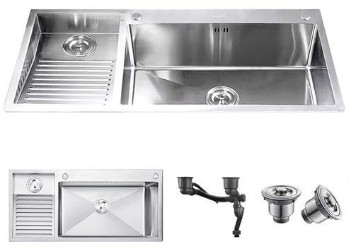 Doppelwaschbecken Aus Edelstahl,Wäschereiwanne Waschbecken Mit Waschbrett,Großes Fassungsvermögen, Waschbrettbecken Für Den Balkon, Mit Ablauf-Kits(Right,100x48cm)