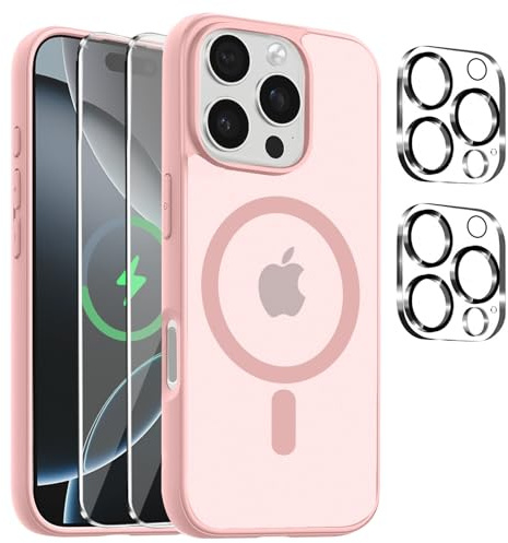 Magnetic Cover per iPhone 16 PRO Max Compatibile con 2 vetri temperati e 2 vetri per Fotocamera, Translucent Matte Slim Back PC+TPU Bumper Shockproof - Rosa Chiaro
