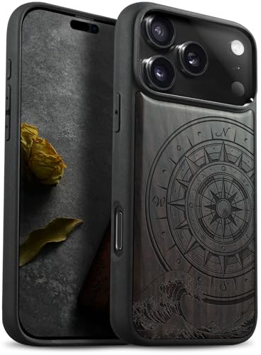 Carveit Coque en Bois pour iPhone 17 Pro, (Sombre-Boussole Vagues) | Magnétique Protection Coque de Téléphone Antichoc Bumper TPU Compatible Magsafe pour iPhone 17 Pro Étui Bois