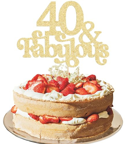 Ephlyn 1Pc 40 & Fabulous Cake Topper Glitter Forty and Fabulous Cake Toppers Happy 40th Birthday Cake Pick for 40th Wedding Anniversary Birthday Party Decorations Supplies Gold