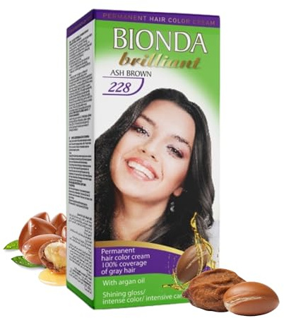 BIONDA Brilliant permanent hårfärg och färgning 100 ml – 100 % grått hårskydd, med arganolja | närande oljeformel, intensiv färgglans | fäste och fulla längder (228 askbrun)