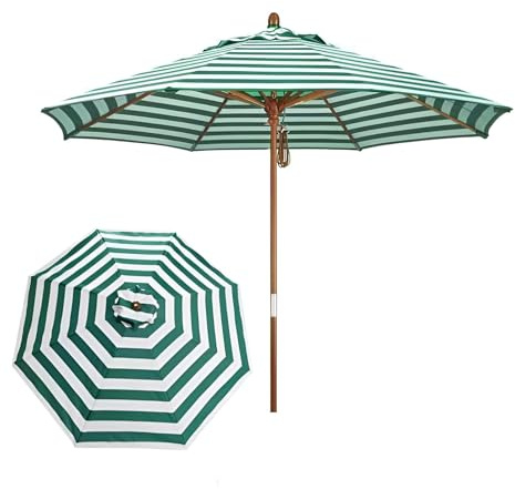 Parasol de terrasse en bois à rayures de 2,1 m, parasol de marché pliable avec 8 baleines et poulie, pare-soleil imperméable pour jardin, piscine, terrasse, balcon