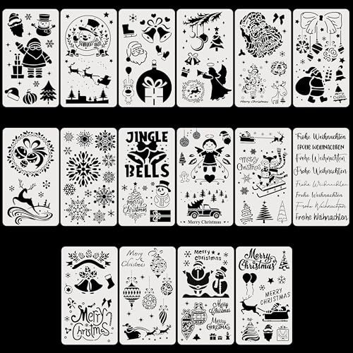 FloraVigo Weihnachten Schablonen, 16 Stück Weihnachts Stencils Set Wiederverwendbares Malerei Vorlage Bemalen, DIY Christmas Schablone zum Malen an Wand, Geschenkkarte, Kleidung, 17,8 x 10,2 cm