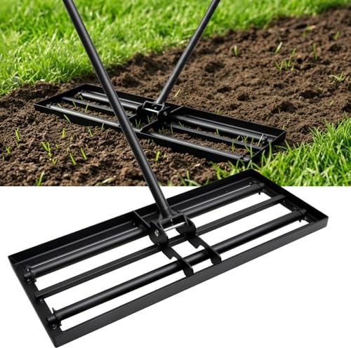 TOOLMAYS RâTeau De Nivellement De Pelouse avec Tête Rouleau 76x25cm | Niveleur Gazon En Acier A3 Antirouille, Manche Long Réglable 207cm, Rateau Jardin Pour Niveler Terre, Sable Et Pelouses