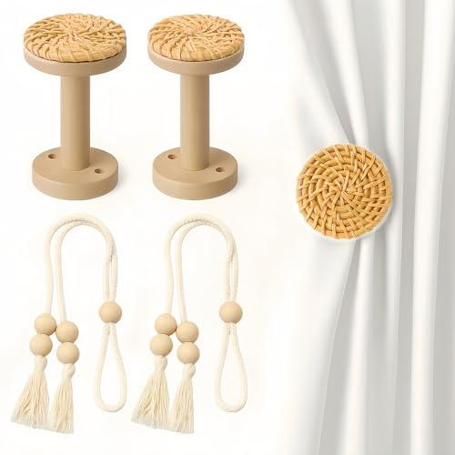 ZYZX 2 Pack Boho Curtain Holdbacks, Wooden Rattan Wall Mounted Tiebacks with Tassel Rope, Decorative Drapery Hooks with Screws for Window Treatment Home Decor