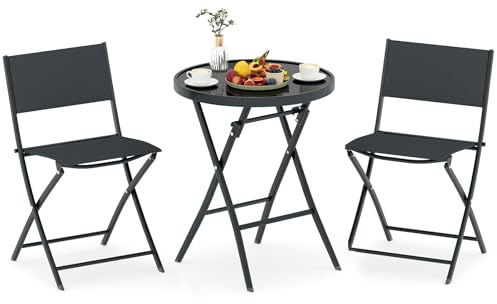 KOMFOTTEU Juego de Bistró de 3 Piezas Plegables, Conjunto de Jardín de Tejido Textileno con Marco de Metal, Set de Mesa de Vidrio Templado y 2 Sillas, Juego de Comedor para Balcón, Terreza
