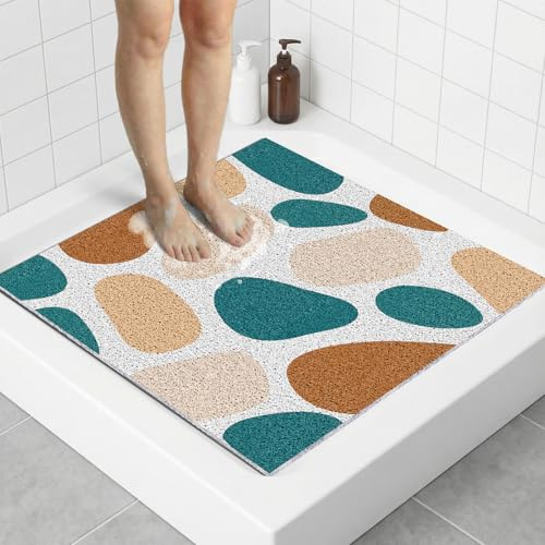 Quadratische Duschmatte 70x70 cm aus PVC Luffa, Badematte und Duscheinlage, mit Schnelltrocknend und Drainage, Duschmatte für Senioren, Badematte für Familie, Khaki-Stein