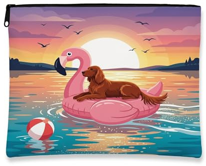 Funny Irish Setter Dog Makeup Bag, Flamingos Lifebuoys Sea Printed Cosmetic Travel Pouch for Women, Pet Portable Small Canvas Zipper Organizer 7x9 Inch