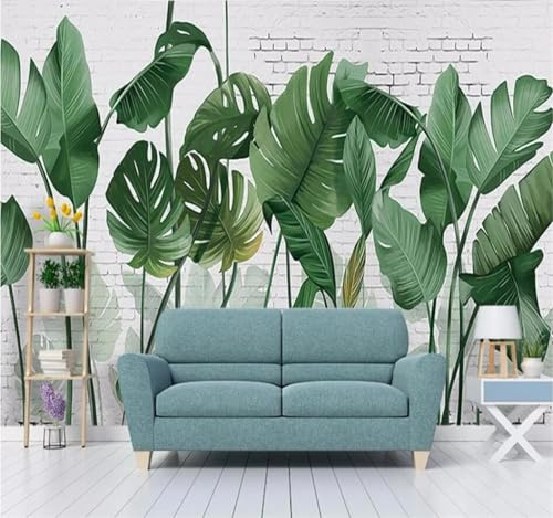 XLMING Muro Di Mattoni Bianchi Dipinto A Mano Con Foglie Di Banano Verdi 3D Carta da Parati Premium Aspetto Della Seta Studio Soggiorno Camera Letto Parete Divano Muro-200cm×140cm