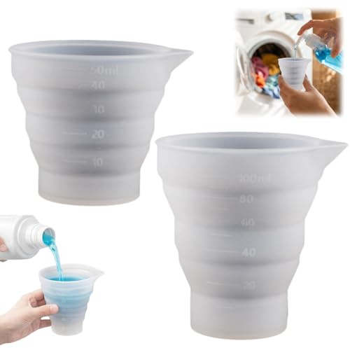 2PCS Silicone Measuring Jug & Dosing Ball for Liquid Detergent,50ml & 100ml Foldable Laundry Detergent Dispenser,Reusable Washing Machine Balls for Liquid Laundry Tool,Laundry Liquid Dispenser