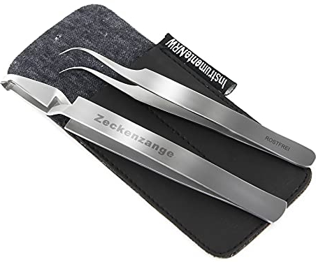 InstrumenteNrw Premium Zeckenpinzette Zeckenzange Edelstahl Zecken Pinzette Hunde Katzen Tiere rostfreier Qualitätsstahl (Silber 2er Set + Etui)