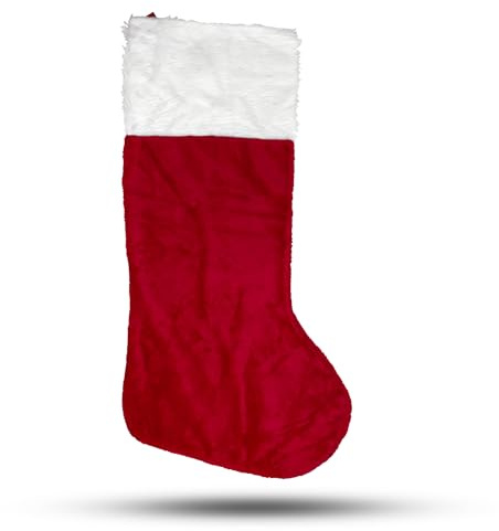 Iconikal Jumbo Christmas Stocking Red Plush 43-Inch Tall White Cuff Large Gift Holder with Hanging Loop Mantel Holiday Décor