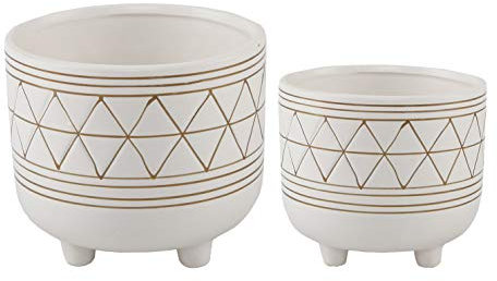 Flora Bunda Mid Century Set of 2 Handpainted Geometric Ceramic Planter 6 inch W & 5 inch W Ceramic Planter Pot with Sturdy Legs, White and Gold Line Planter Pot
