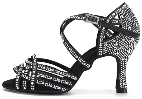 AOQUNFS Donna Scarpe da Ballo Latino Americano Strass con Tacco Salsa Bachata Tango Feste Performance Scarpe Ballo da Sala,L357-Nero-7.5,EU39