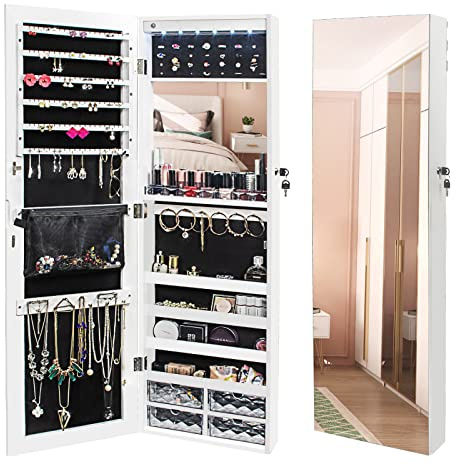 Ezigoo Jewellery Cabinet Lockable Jewelery Armoire Large Storage with Built-in LED Light & Make-up Mirror, Frameless Full-length Mirror Wall-Mounted for Home Bedroom Cosmetics Organiser White