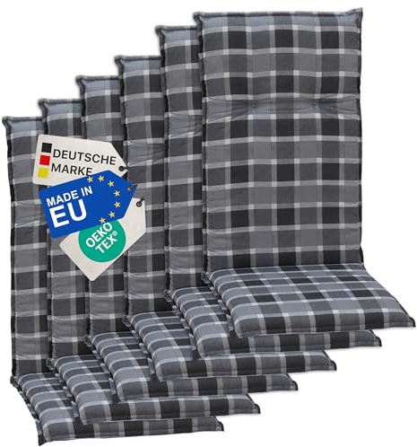 NYVI Gartenstuhl Auflagen Hochlehner 6er Set Barcelona - UV-Beständig, Atmungsaktiv, Strapazierfähig - Hochlehnerauflagen Sitzkissen Outdoor - Sitzauflagen für Gartenstühle 118x50cm Anthrazit kariert