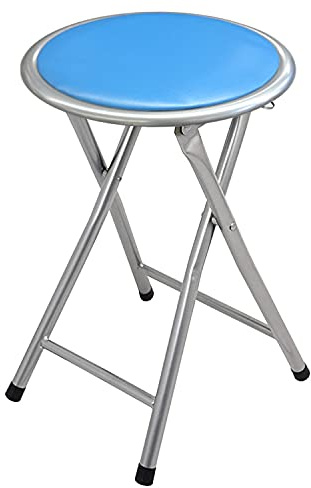 DRW Sgabello pieghevole in metallo e sedile in PVC imbottito con chiusura di sicurezza in blu 30 x 45 cm