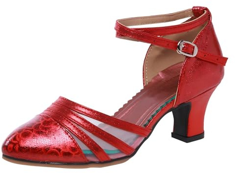 Donna Scarpe da Ballo，Scarpe col Tacco per Feste Matrimoni Latino Moderno e Tango (Rosso, 40EU Normale)
