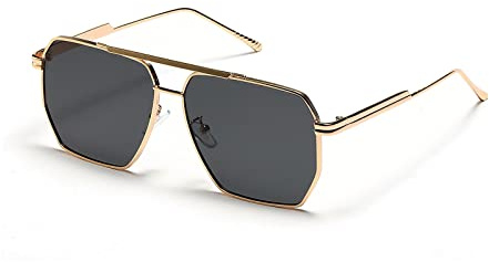 YUELUQU Retro übergroße quadratische Sonnenbrille für Damen Herren Vintage Shades UV400 Klassischer großer Metallrahmen (Gold/grau)