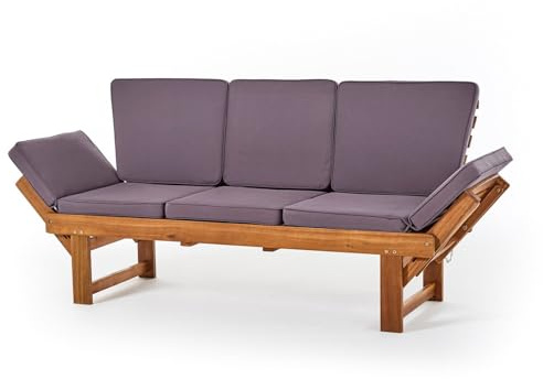 DESIGN DELIGHTS Holz GARTENBANK | 202cm, Akazie | Multifunktionsbank, Holzbank mit Polstern, verstellbare Sitzbank, Gartenliege mit integriertem Tisch, Holz Lounge Bank