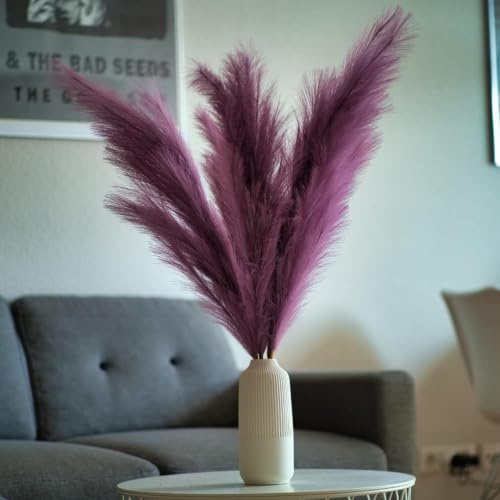 Pampasgras XXL |100 cm Deko | Große Flauschige Stiele mit je 18 Federn | Künstliche Deko Gras für zuhause | Pampasgras Vase Pflanze | Keine Pflege & künstliche Deko Pflanze in Lila Farbe x3