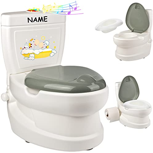 alles-meine.de GmbH Kindertoilette/Töpfchen Spülgeräusch + Licht Pinguin - inkl. Name mit Wasserspülung Sound - Nachttopf/Babytopf - mit Deckel - weiß - Musik - Toilett..