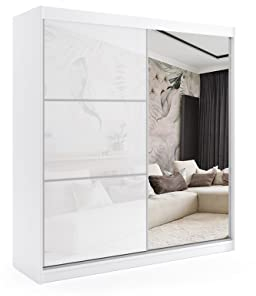 ALTDECOR Kleiderschrank mit Spiegel und Schiebetüren, kugelgelagerte Führungsschienen und Aluminium-Leisten - VIVI - 200 cm Weiß