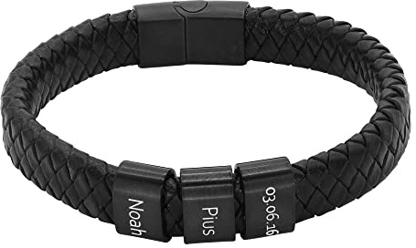 Heideman Armband Herren Titus Leder Edelstahl Gravur | Titus Herren-Lederarmband schwarz, schwarze Gravurplatten, Edelstahl, personalisierbar, Magnetverschluss, Geschenk für Männer