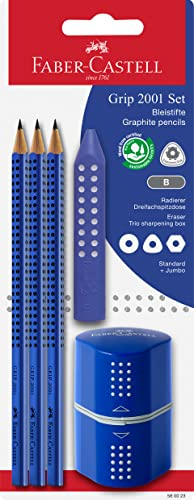 FABER-CASTELL 580023 - Bleistifte Set Grip 2001, 5-teilig mit 3 Bleistiften, Radiergummi und Spitzer, blau